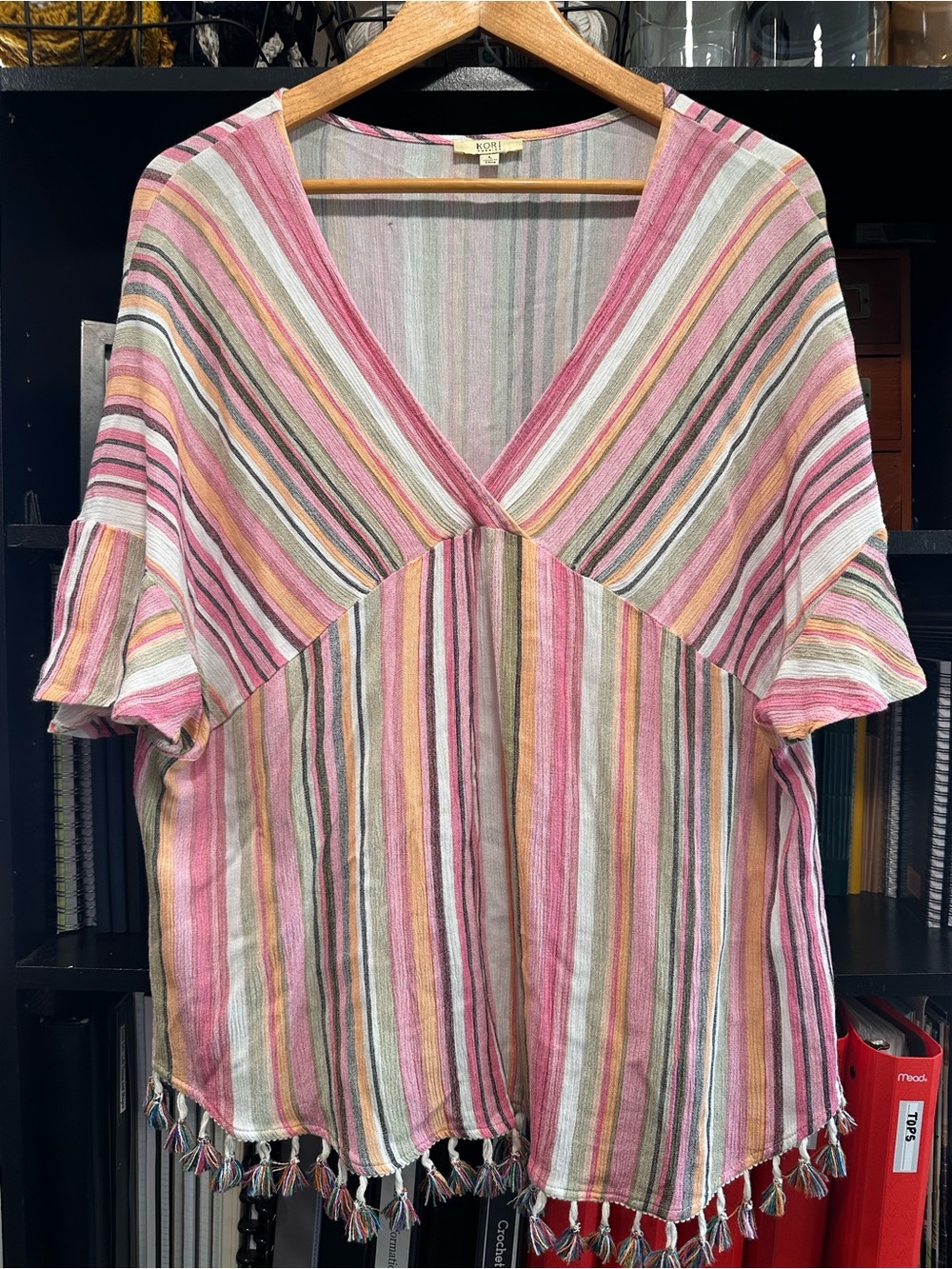 Kori Striped V-Neck Tassel Hem Blouse in Pink, Yellow, Green, White